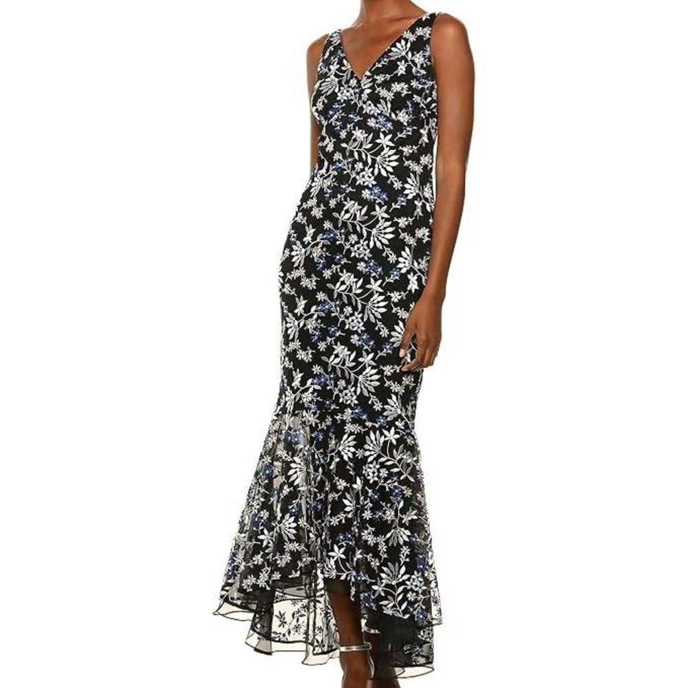Calvin Klein Gown Women 12 Black Blue Floral Embroidered Mermaid High Low Hem